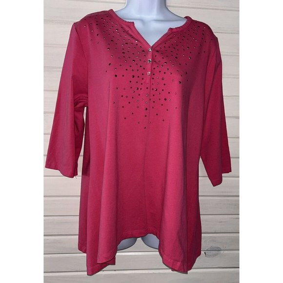 Quacker Factory Sz LARGE Pink Studded Sparkle Trapeze Hem Tunic Cottony EUC - Picture 3 of 9
